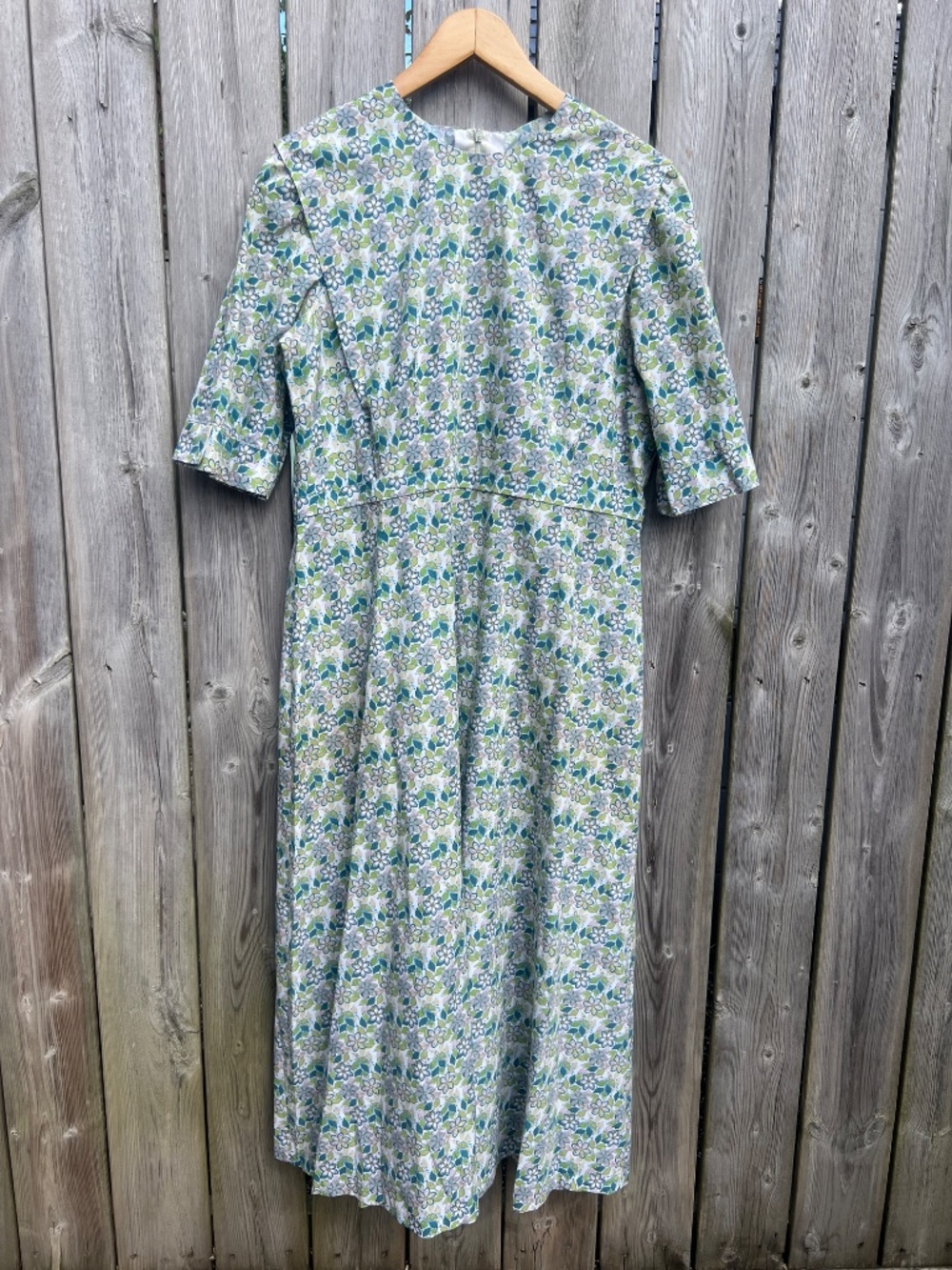 Vintage Mennonite Dress Prairie Blue Green Floral Cottagecore 44" Bust Sz Large